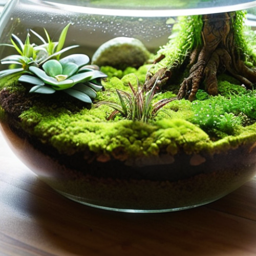 Home 15 A serene, well-maintained closed terrarium bathed in soft, natural light, highlighting lush green plants, vibrant moss, and visible soil layers. Gentle condensation subtly coats the inner glass, signaling a healthy balance. A person's hands are delicately positioned near the terrarium, either observing intently or performing a subtle, non-intrusive gesture of care. The overall atmosphere is peaceful and harmonious, emphasizing a thriving miniature ecosystem. Macro lens, high detail, natural light, botanical illustration quality.