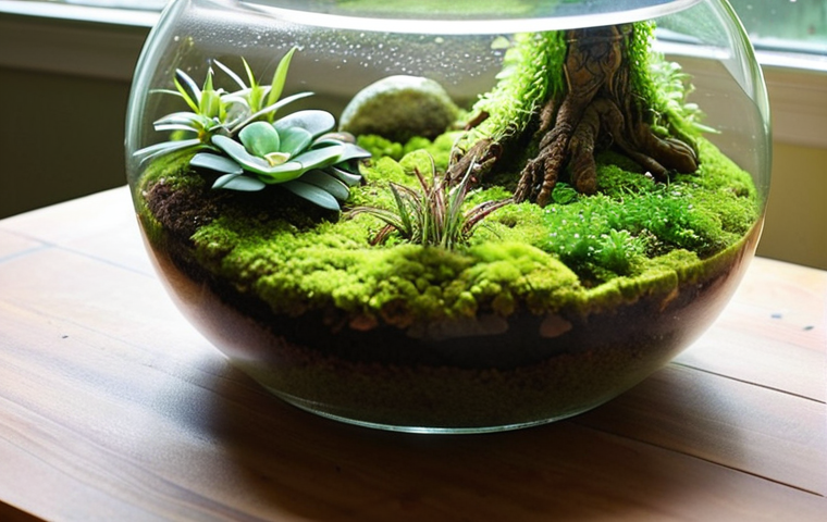 A serene, well-maintained closed terrarium bathed in soft, natural light, highlighting lush green plants, vibrant moss, and visible soil layers. Gentle condensation subtly coats the inner glass, signaling a healthy balance. A person's hands are delicately positioned near the terrarium, either observing intently or performing a subtle, non-intrusive gesture of care. The overall atmosphere is peaceful and harmonious, emphasizing a thriving miniature ecosystem. Macro lens, high detail, natural light, botanical illustration quality.