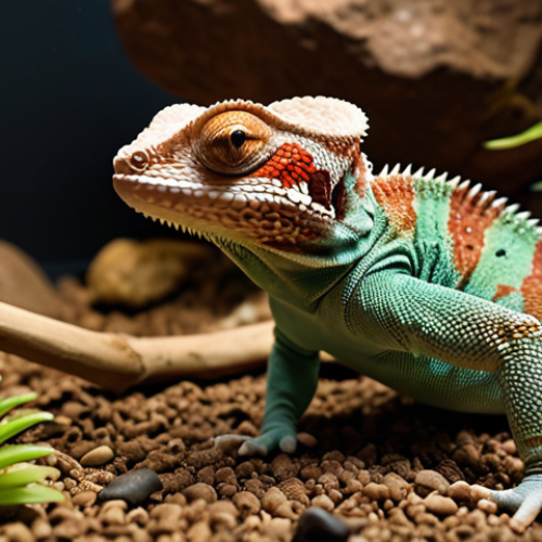 Home 14 A close-up, dynamic shot of a healthy, vibrant reptile (e.g., a Panther Chameleon or a Leopard Gecko) comfortably interacting with its richly detailed naturalistic terrarium. The environment is lush and bioactive, featuring a variety of non-toxic live plants, sturdy climbing branches, natural rock formations, and visible substrate layers that allow for digging or burrowing. Naturalistic lighting creates a warm, inviting glow, highlighting the reptile's calm and engaged demeanor as it basks, explores, or perches. The image conveys a sense of well-being, safety, and an animal thriving in its meticulously recreated natural habitat.