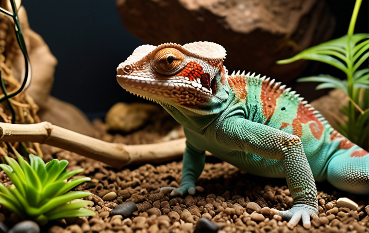 A close-up, dynamic shot of a healthy, vibrant reptile (e.g., a Panther Chameleon or a Leopard Gecko) comfortably interacting with its richly detailed naturalistic terrarium. The environment is lush and bioactive, featuring a variety of non-toxic live plants, sturdy climbing branches, natural rock formations, and visible substrate layers that allow for digging or burrowing. Naturalistic lighting creates a warm, inviting glow, highlighting the reptile's calm and engaged demeanor as it basks, explores, or perches. The image conveys a sense of well-being, safety, and an animal thriving in its meticulously recreated natural habitat.
