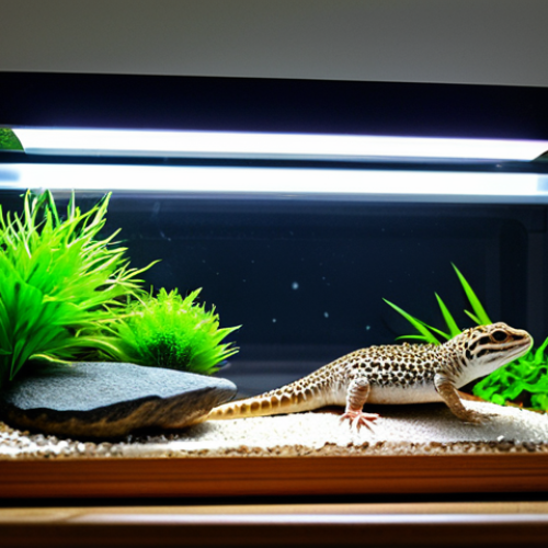 Home 7 A professional-grade reptile terrarium, meticulously designed for optimal well-being. Inside, a healthy, adult leopard gecko rests naturally on a flat, smooth rock, illuminated by an overhead UVB lamp and a heat lamp. The terrarium features a suitable substrate, multiple varied hideouts including a humid hide, and digital thermometers/hygrometers displayed clearly. The overall setup emphasizes a naturalistic, stimulating, and safe environment. Professional studio photography, sharp focus, vibrant natural colors, perfect anatomy, correct proportions, natural pose, well-formed habitat features, appropriate content, fully clothed, safe for work, family-friendly.