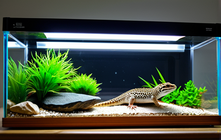 A professional-grade reptile terrarium, meticulously designed for optimal well-being. Inside, a healthy, adult leopard gecko rests naturally on a flat, smooth rock, illuminated by an overhead UVB lamp and a heat lamp. The terrarium features a suitable substrate, multiple varied hideouts including a humid hide, and digital thermometers/hygrometers displayed clearly. The overall setup emphasizes a naturalistic, stimulating, and safe environment. Professional studio photography, sharp focus, vibrant natural colors, perfect anatomy, correct proportions, natural pose, well-formed habitat features, appropriate content, fully clothed, safe for work, family-friendly.