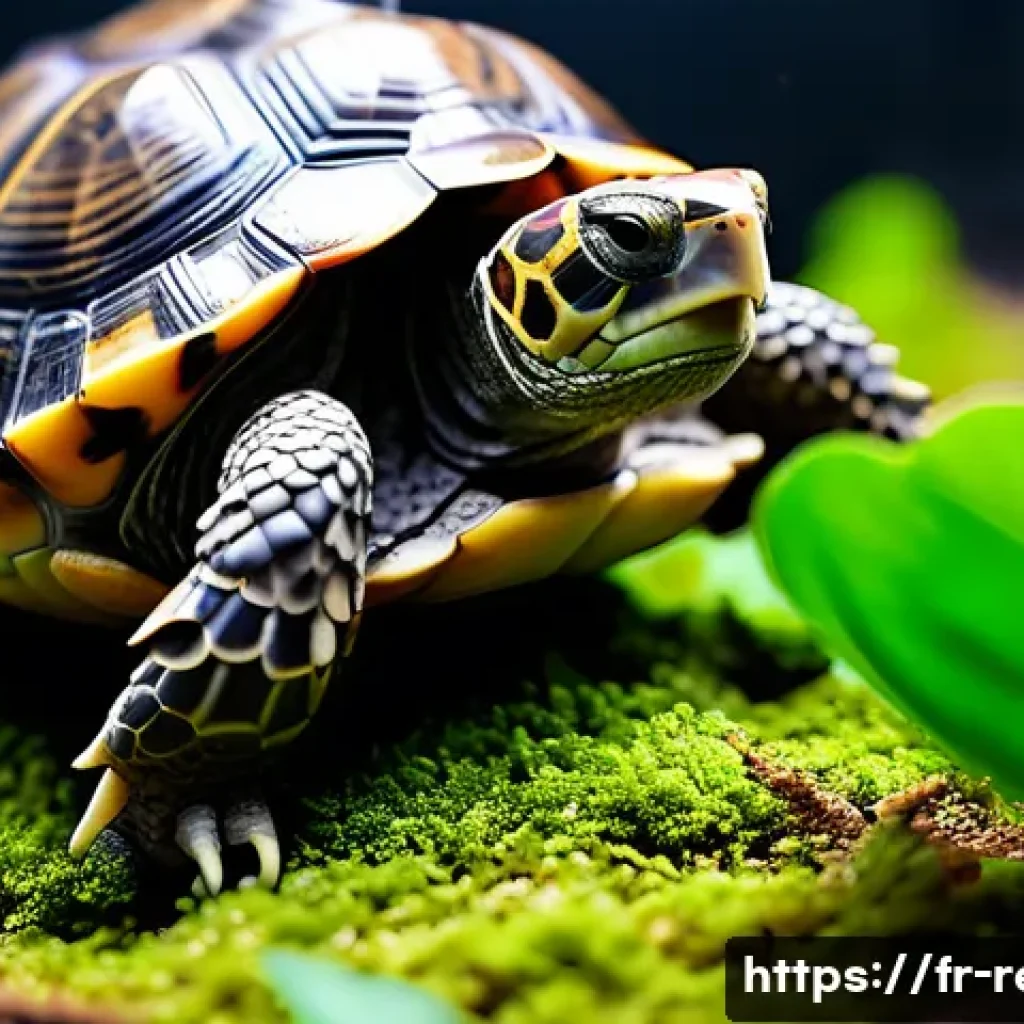 파충류를 위한 영양제 종류 - A detailed close-up of a healthy terrestrial tortoise in a naturalistic terrarium setting, showcasin...