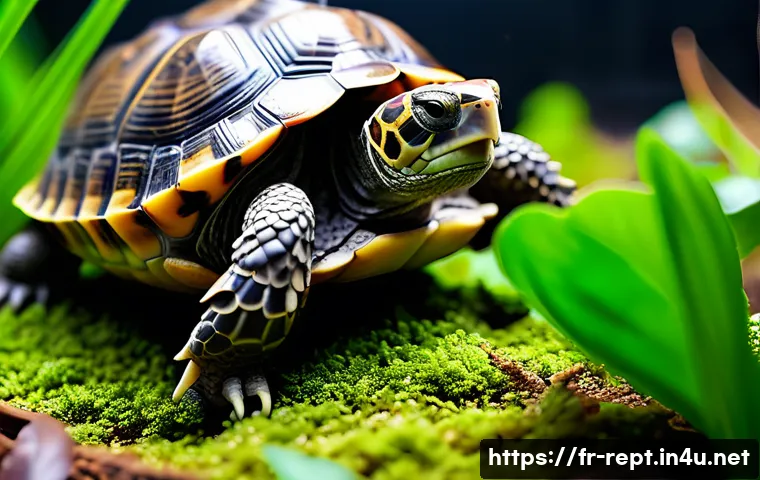 파충류를 위한 영양제 종류 - A detailed close-up of a healthy terrestrial tortoise in a naturalistic terrarium setting, showcasin...