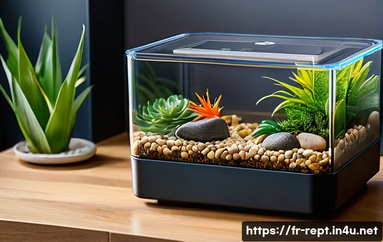 파충류를 위한 자동 먹이 분배기 - A modern automatic reptile feeder designed for indoor terrariums, featuring a sleek stainless steel ...