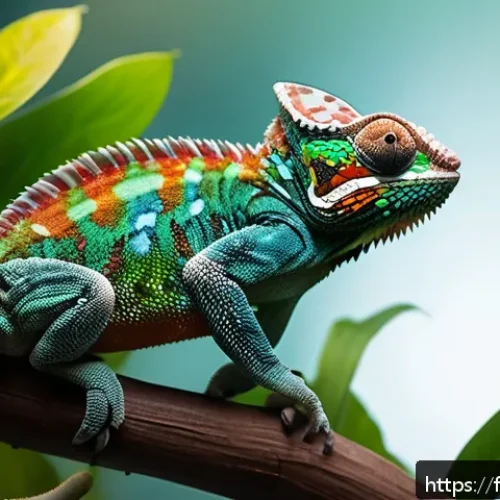 Home 31 파충류와 양서류 관련 전자책 - A detailed, realistic terrarium scene showcasing a panther chameleon perched on a natural branch ins...