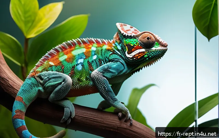파충류와 양서류 관련 전자책 - A detailed, realistic terrarium scene showcasing a panther chameleon perched on a natural branch ins...