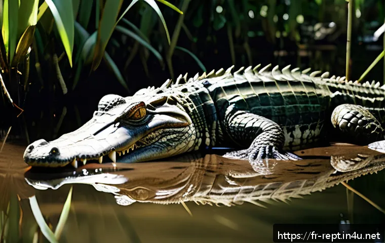 악어 종류와 생태 비교 - A detailed, realistic depiction of a saltwater crocodile in a dense Southeast Asian mangrove forest,...