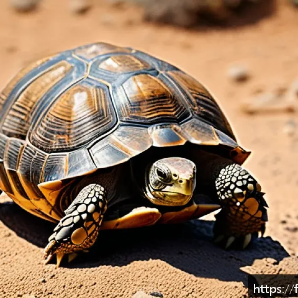 거북이 육지 이동 습관 - A detailed close-up of a terrestrial tortoise with a prominently domed shell, slowly walking on a ro...