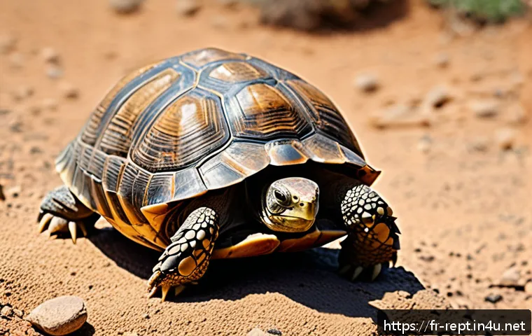 거북이 육지 이동 습관 - A detailed close-up of a terrestrial tortoise with a prominently domed shell, slowly walking on a ro...