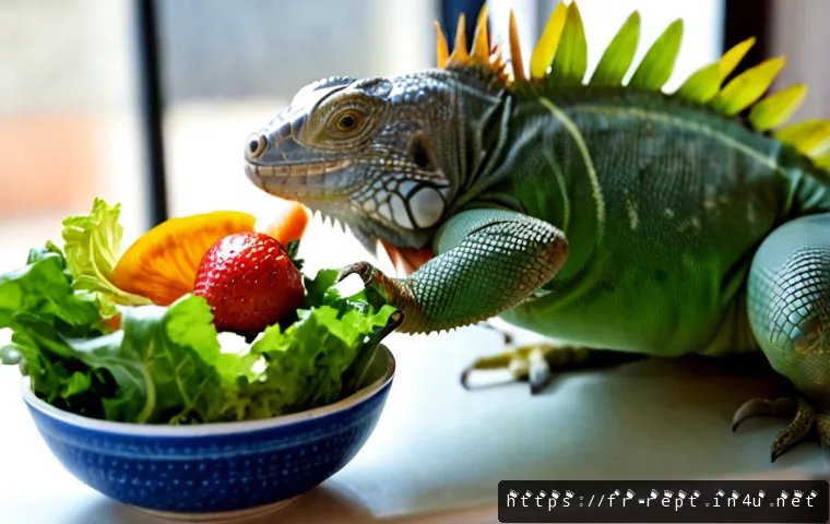 이구아나 먹이 추천 - Photorealistic close-up of a healthy green iguana eating a colorful fresh vegetable salad in a clean...