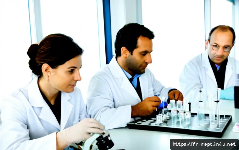 독사 해독제 개발 현황 - Photorealistic biomedical research laboratory in France, diverse scientists in white lab coats exami...